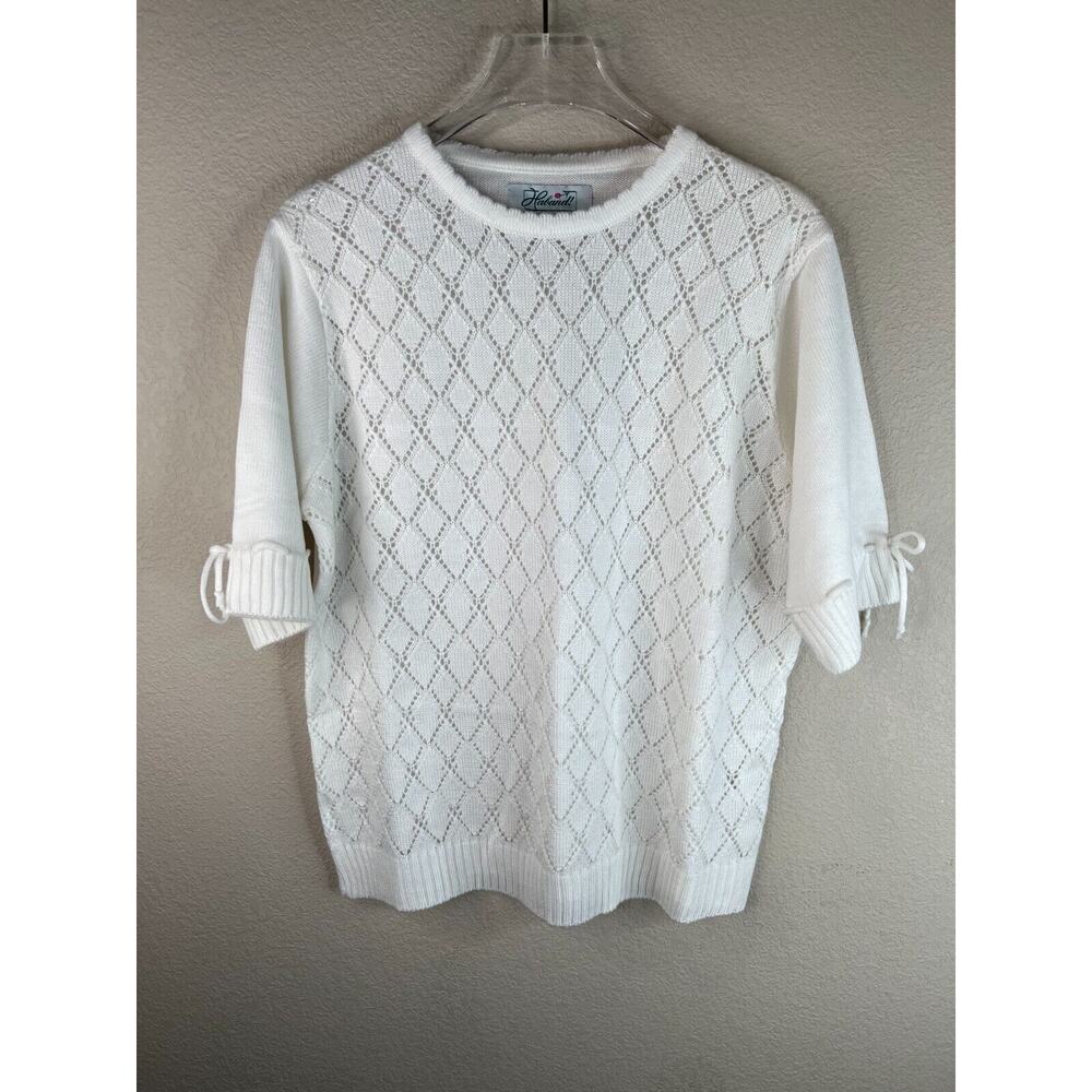 Haband Women's Open Knit Pullover Sweater Short Sleeve White Size Medium‎ VTG